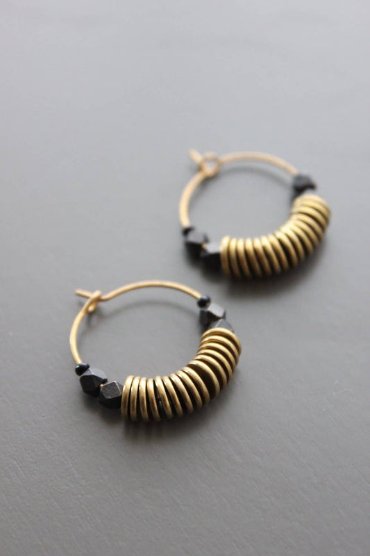 David Aubrey Jewelry - Brass discs and hematite hoop earrings